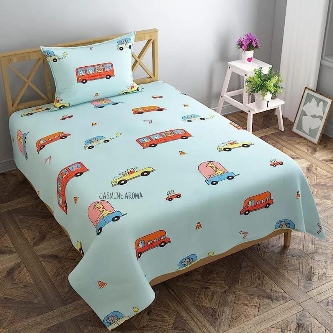 Aroma Brand -Single Bedsheet for Kids Cute Cartoon Bedsheet for Kids Room Single Bedspread Made with Pure Microfiber (Size 60 X 90 Inches) 1 Bedsheet with Pillow Cover (Sky Blue Cars)-image-49