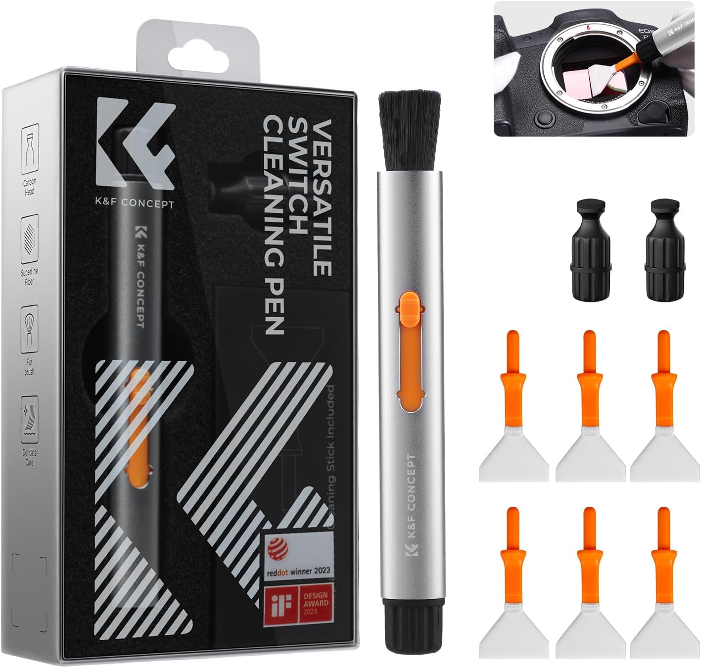 K&F Concept Versatile Switch Lens Cleaning Pen, Replaceable Pen Tip with Cleaning Brush+Carbon Tip*2+24mm Full-Frame Cleaning Swab*6 for Camera Filters Screen Phone Computer Tablet AR VR Glasses