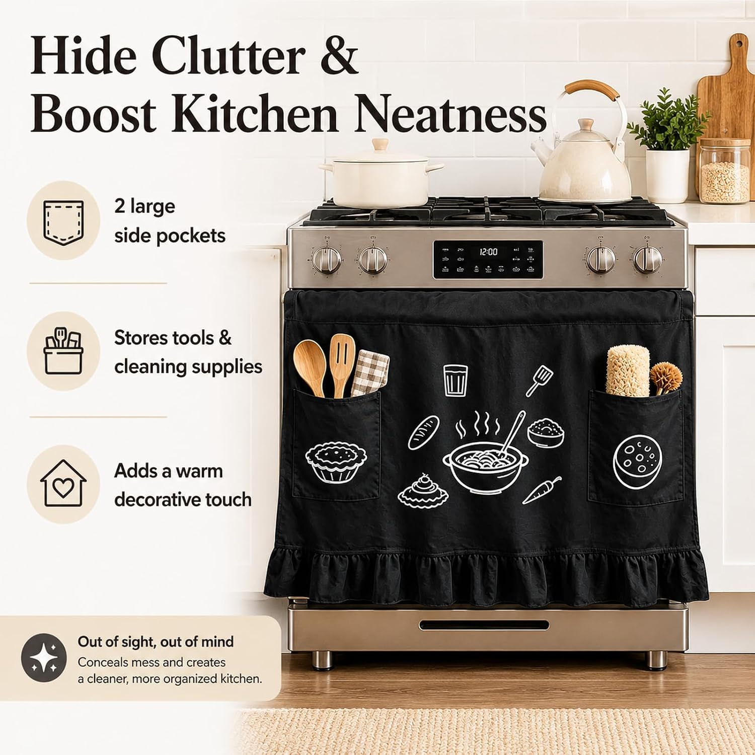 Black Oven Skirt Stove for Kitchen Decor, Farmhouse Oven Door Curtain with 2 Large Pockets,Hook-and-Loop Closure,Ruffled Trim, Cotton Blend Decorative Stove Skirt for Kitchen Home Decor