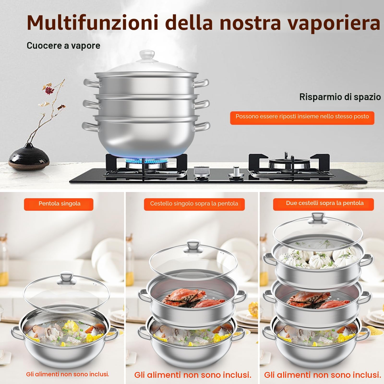 Pentola a vapore in acciaio inox con coperchio in vetro - 28 cm, pentola per zuppa a 3 piani, cuocere a vapore e cucinare simultaneamente, vaporiera per piani cottura a induzione e a gas, per cottura