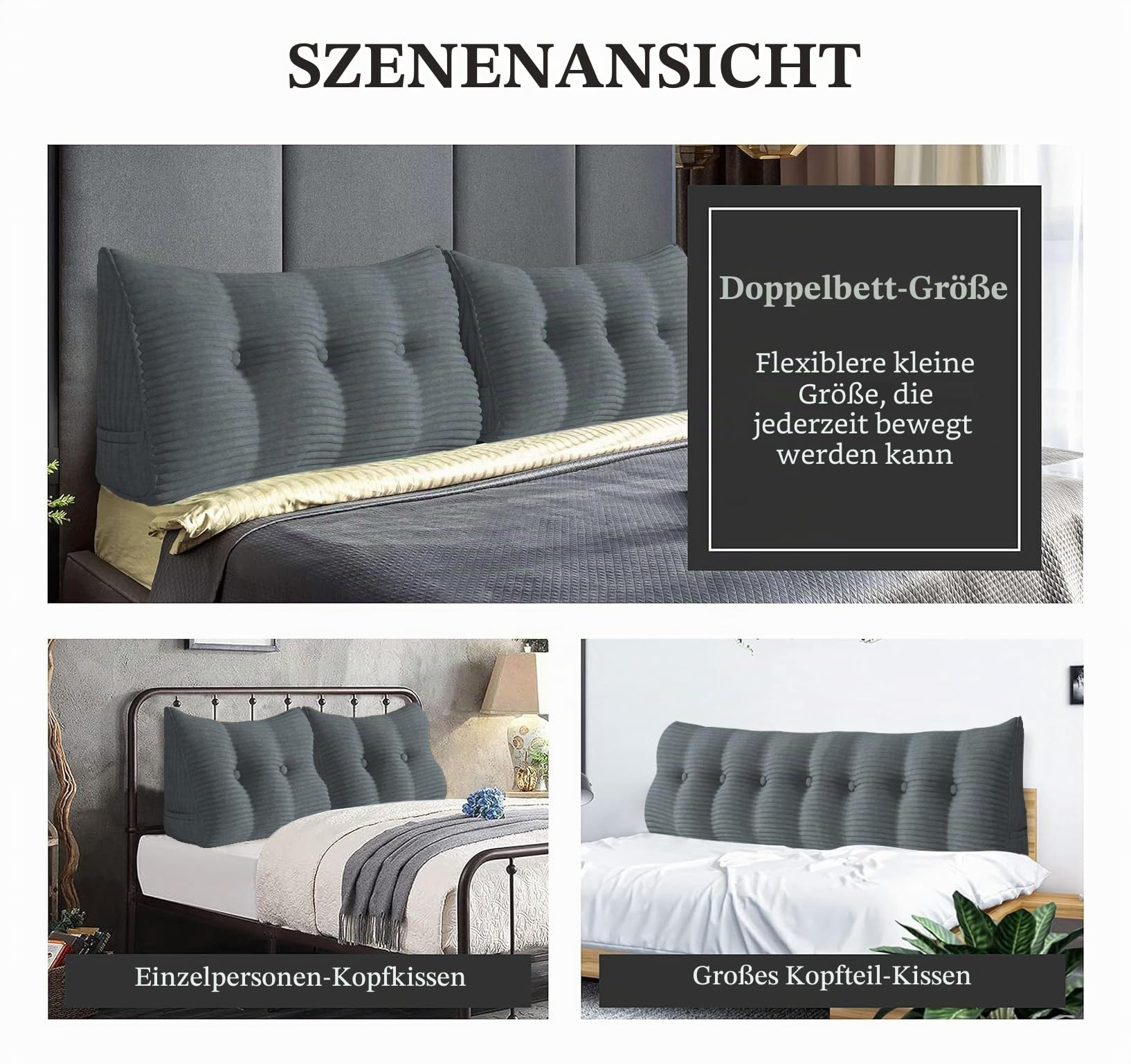 Rückenkissen Keilkissen Rückenlehne Kissen für Bett Sofa Kopfteil Gepolstert Bettkissen Wandkissen Sofakissen Groß Rueckenkissen Couchkissen Dekokissen Kordsamt Grau 100cm