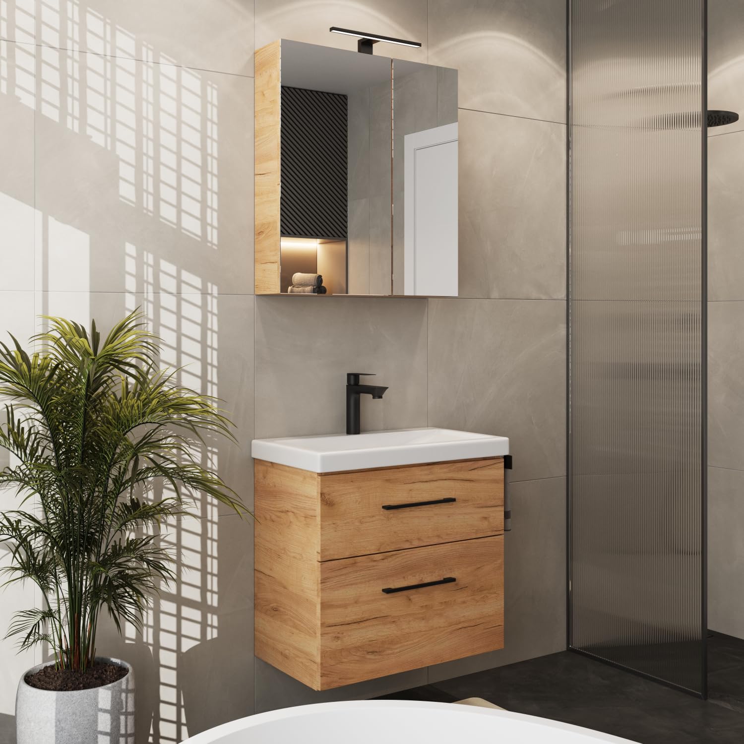 Planetmöbel Badmöbel Set Waschtisch mit Unterschrank 63 x 60 x 36,5 cm, Spiegelschrank 60 cm mit LED-Leuchte (schwarz matt) & Steckdose, Moderne Badezimmer Möbel, Gold Eiche