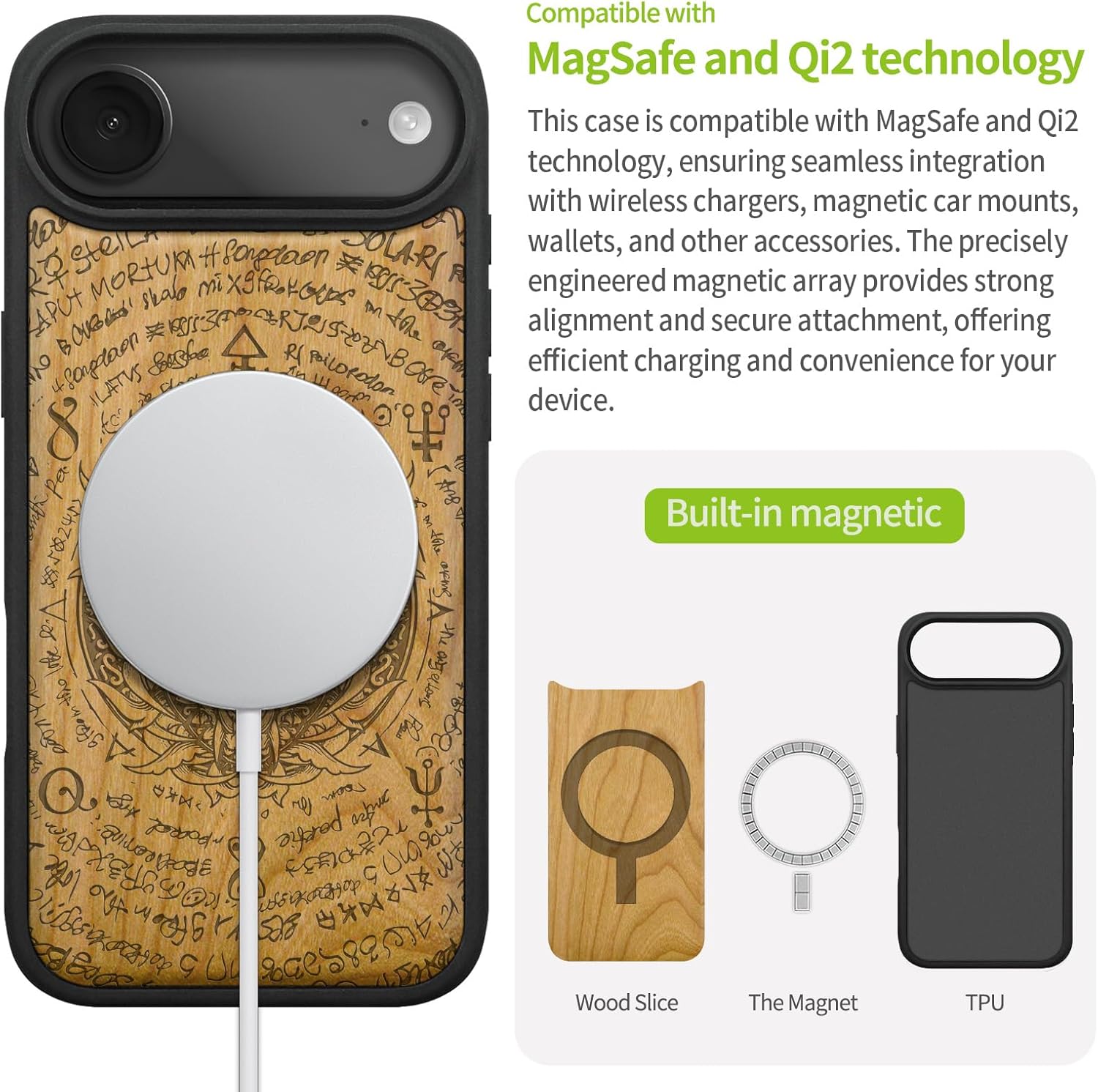Carveit Magnetic Wooden Case for iPhone Air Case, Wood Artisan Engraved & Soft TPU Shockproof Cover, Compatible with MagSafe 17 Air Wireless Chargers (Dragon Skull) Cherry