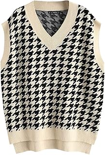ZAFUL Women's V-Neck Sweater Vest Sleeveless Houndstooth Pullover Knitted Sweater