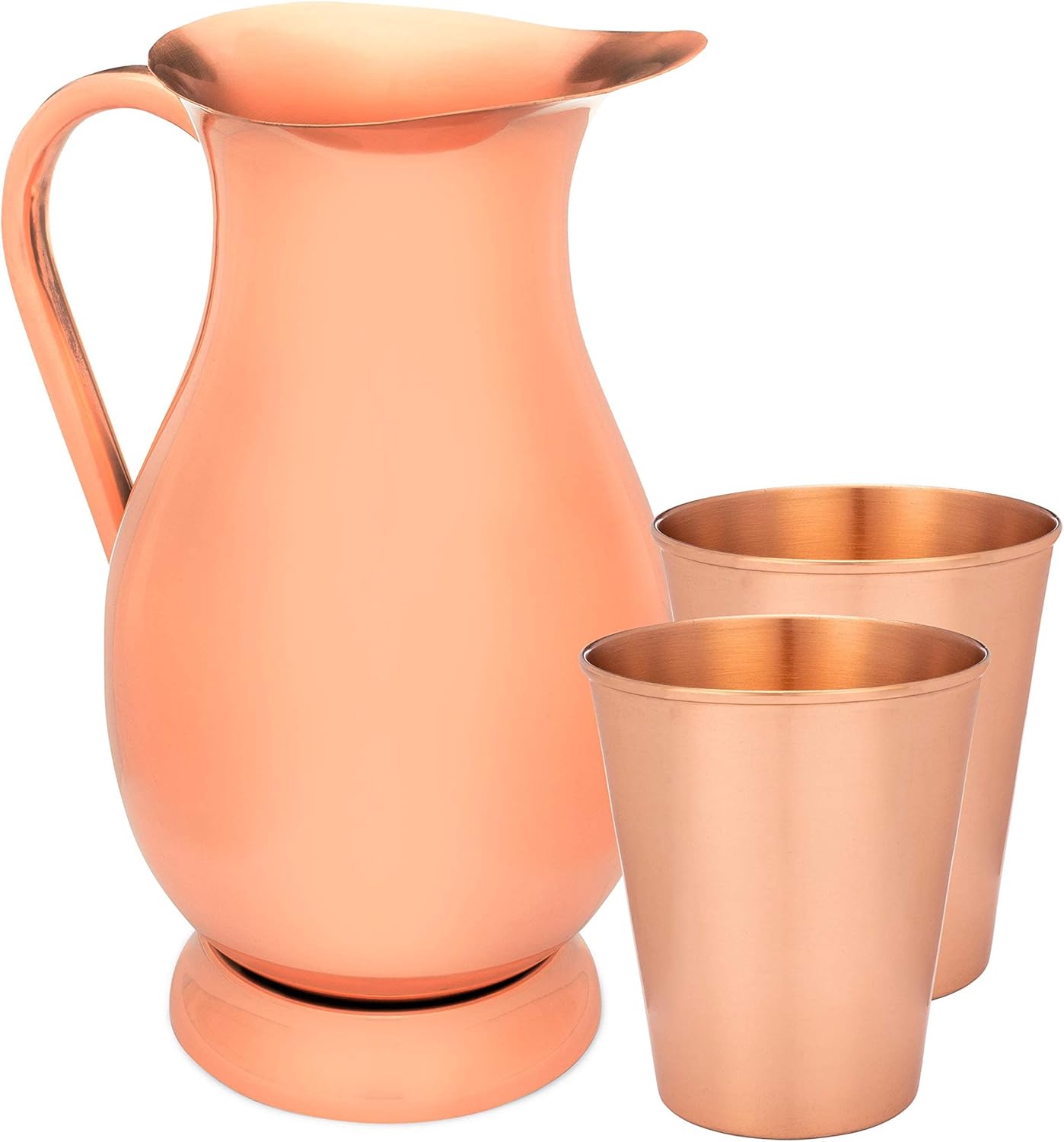 Pure Copper Pitcher (70 oz, 2 Liter) Handcrafted with Lid & Set of 2 Incredible Drinking Tumblers in Timeless Smooth Finish, Raw Interior for For Ayurveda Health