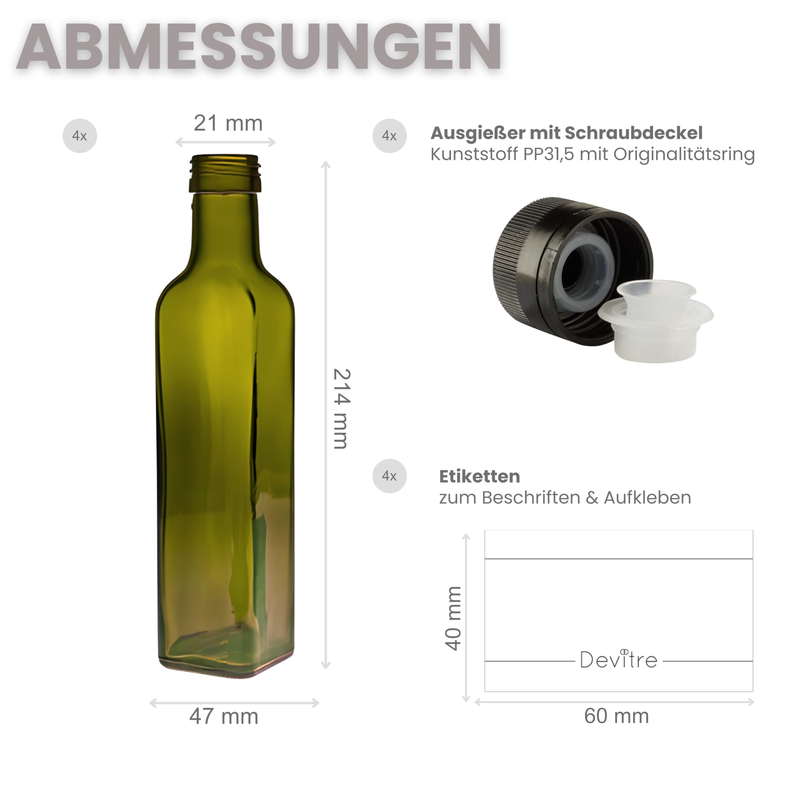 25x Ölflasche 250 ml Glasflaschen mit Aussgiesser und Etiketten