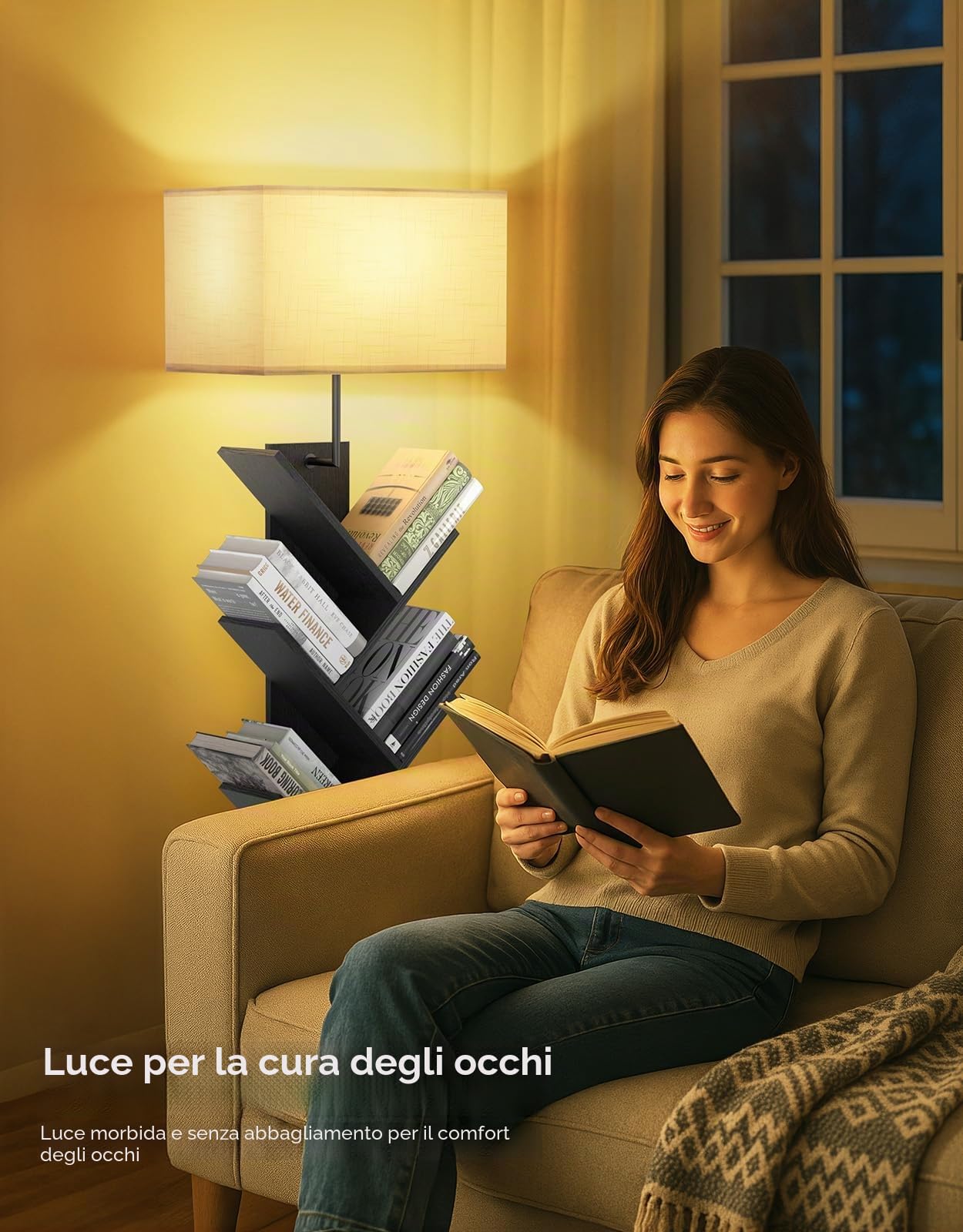 Libreria ad Albero a 9 Ripiani con Luce, Telecomando e Timer – Scaffale Salvaspazio Verticale in Legno, Piccola Libreria per Libri, CD, per Cameretta, Soggiorno, Ufficio