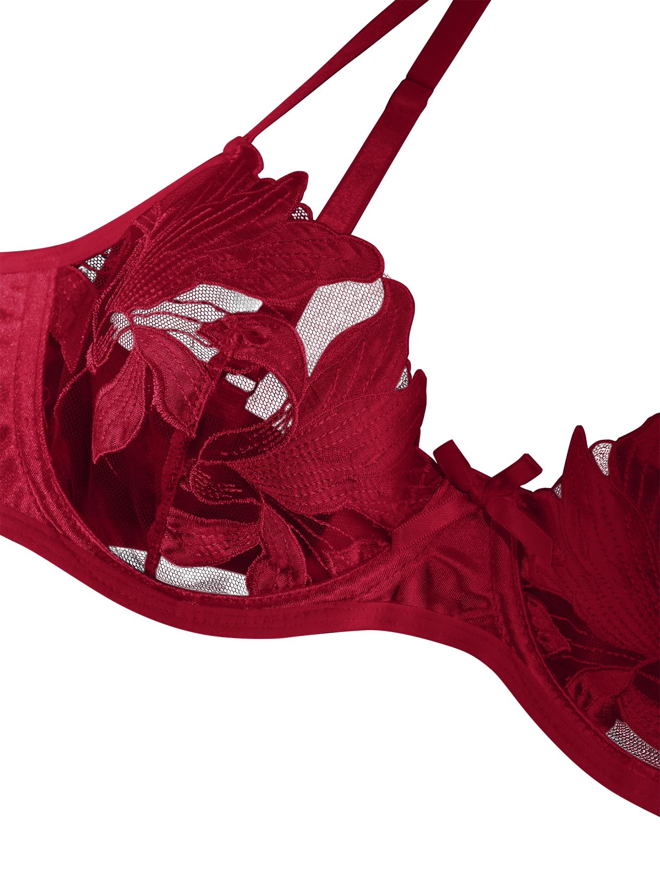 Lilosy Sexy Satin Mesh Floral Sheer Embroidered Underwire Lingerie Set 2 Piece Women