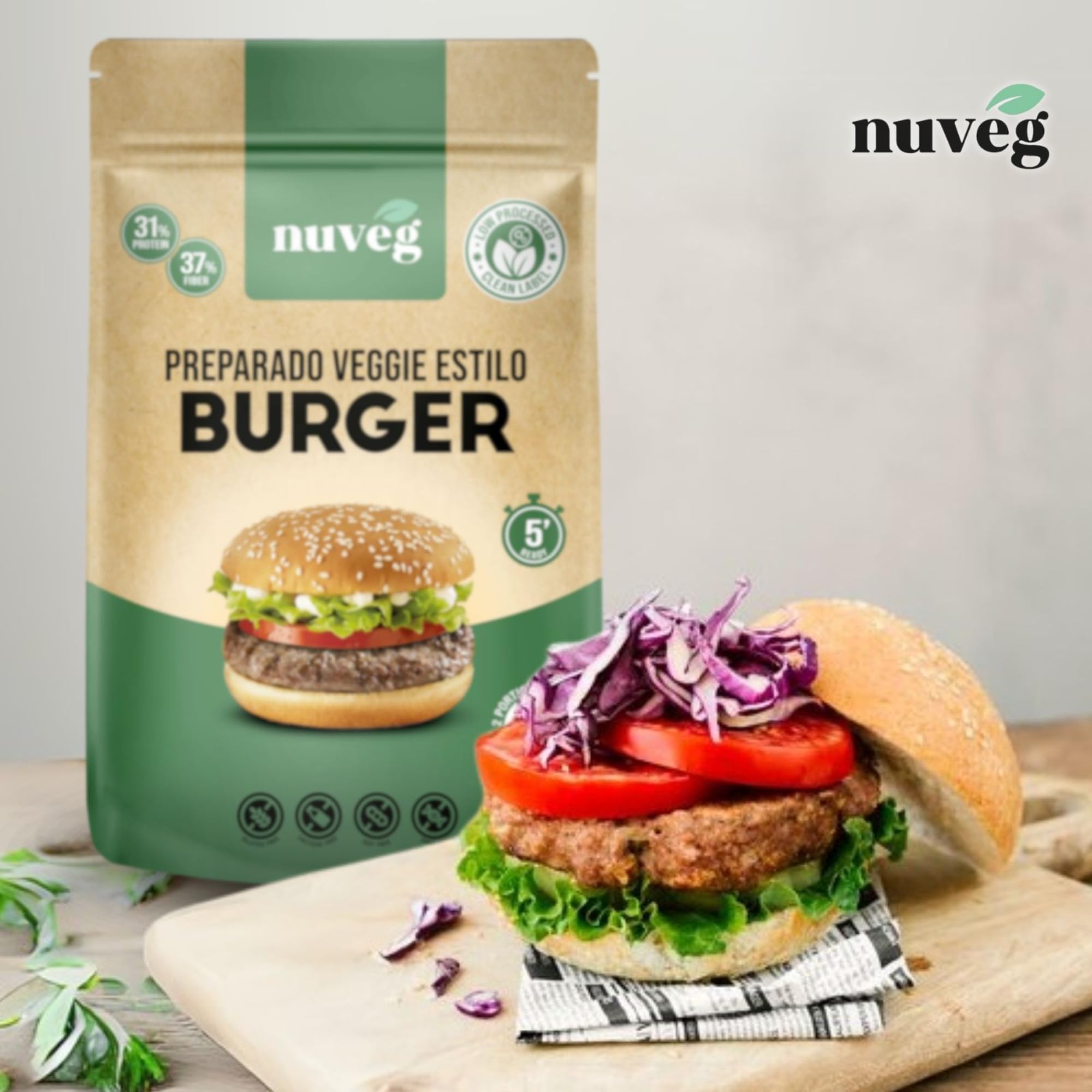 NUVEG Preparado Veggie para Hamburguesa Vegetal, Dieta Vegana y Vegetariana, Alto en Proteínas y Fibra, Sin Gluten y Sin Lactosa, Comida Preparada en Conserva, Fácil y Rápida, Pack 2, 270g