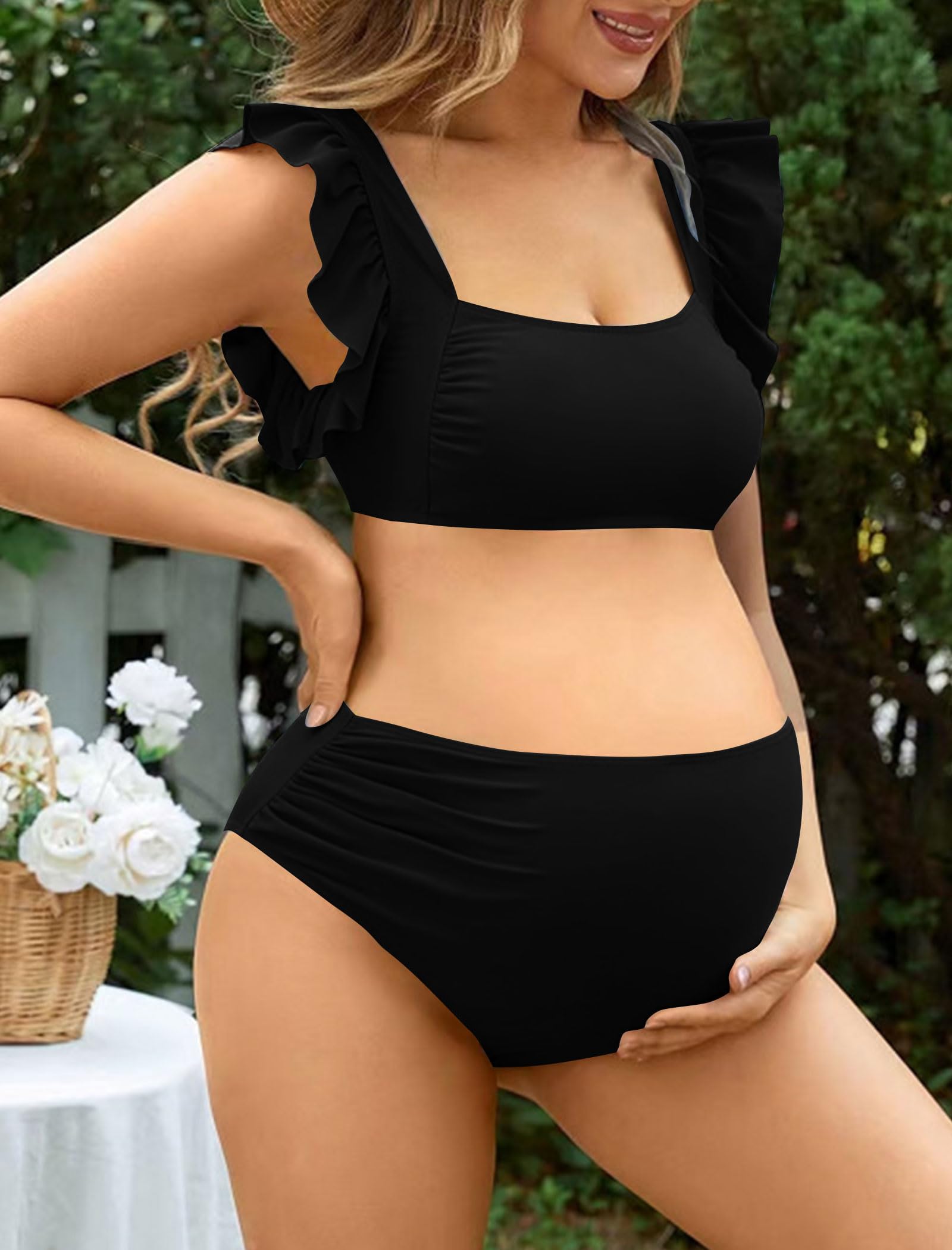 tiorhooe Umstands-Badeanzug für Damen, hohe Taille, Bikini-Set, Schwangerschafts-Badeanzüge, zweiteilige Bademode