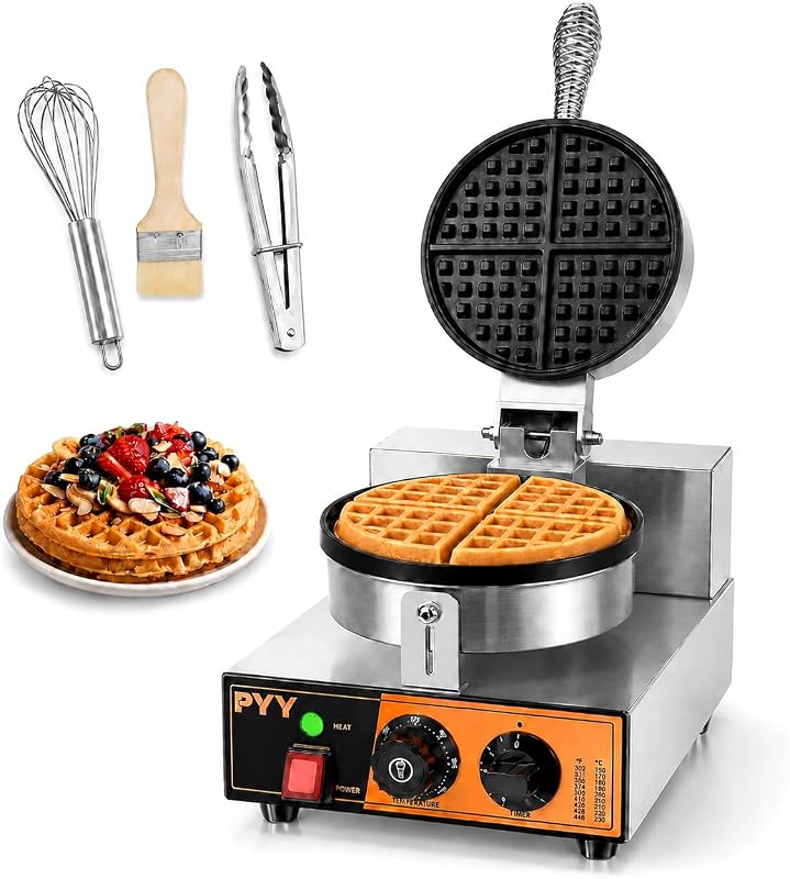 Commercial Waffle Maker - 1300W Non-stick Waffle Iron, 20Pcs/H Stainless Steel Round Belgian Waffle Machine, Time Control and Temperature Adjustable, for Home Kitchen, Breakfast Restaurant