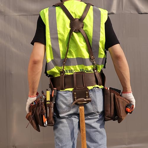Miniatura 4 de Tourbon - Cinturón de herramientas con tirantes, para carpintería, multiusos, organizador de bolsillos para herramientas de electricista, bolsa de