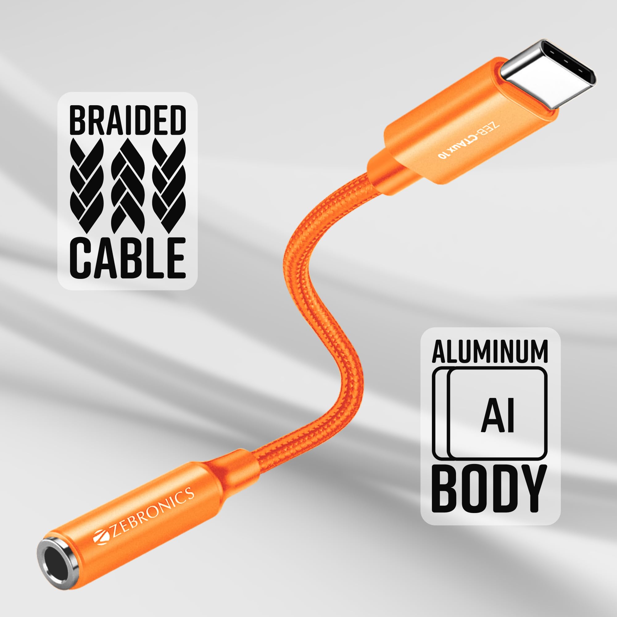 ZEBRONICS CTAux 10 Type-C to 3.5mm Jack, Braided Cable, Built-in DAC Chip, Hi-Definition Audio, Plug & Play, Mic & Audio Support, Aluminum Body, Compatible with Mobile, Tablets & Laptops (Orange) — Amazon image 4