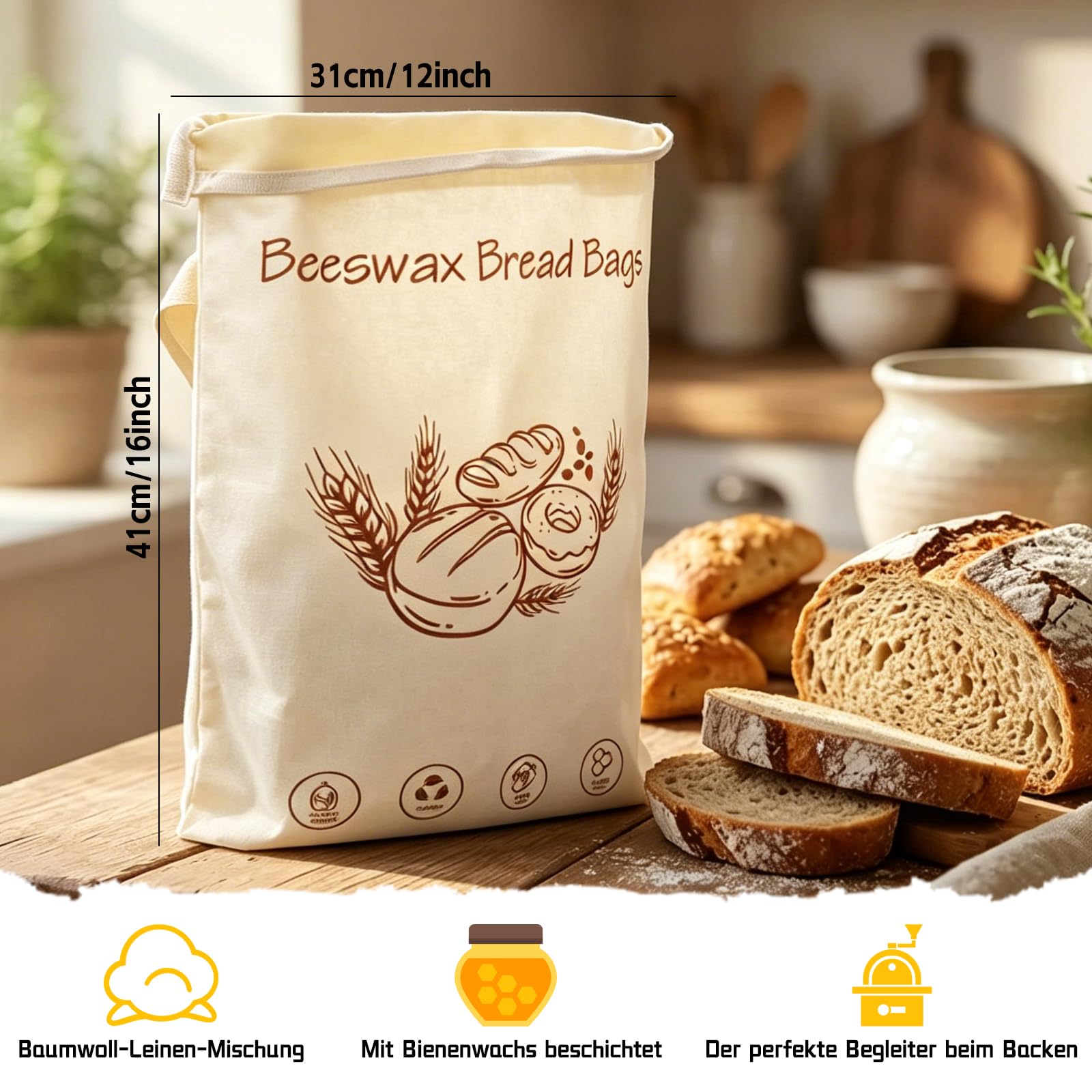 Set di 2 sacchetti per il pane, 41 x 31 cm, in cera d'api, riutilizzabili, per la conservazione del pane, la conservazione di prodotti da forno