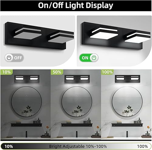 Miniatura 4 de OKELI Lámpara de tocador de baño negra con 2 luces sobre el espejo, moderna, LED, regulable, lámpara de baño, cabezal giratorio de 350, 16 W, 6000