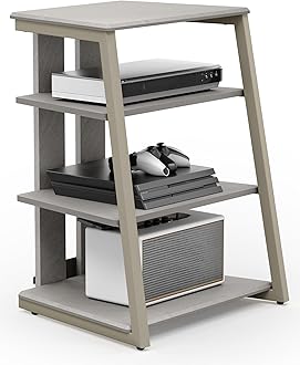 FITUEYES Design 4-Tier AV Media Stand Corner Shelf Stand Wooden Corner Shelves Component Cabinet Stereo Rack Audio Tower with Height Adjustable Wooden Shelves for Xbox One/ps4 (Khaki)
