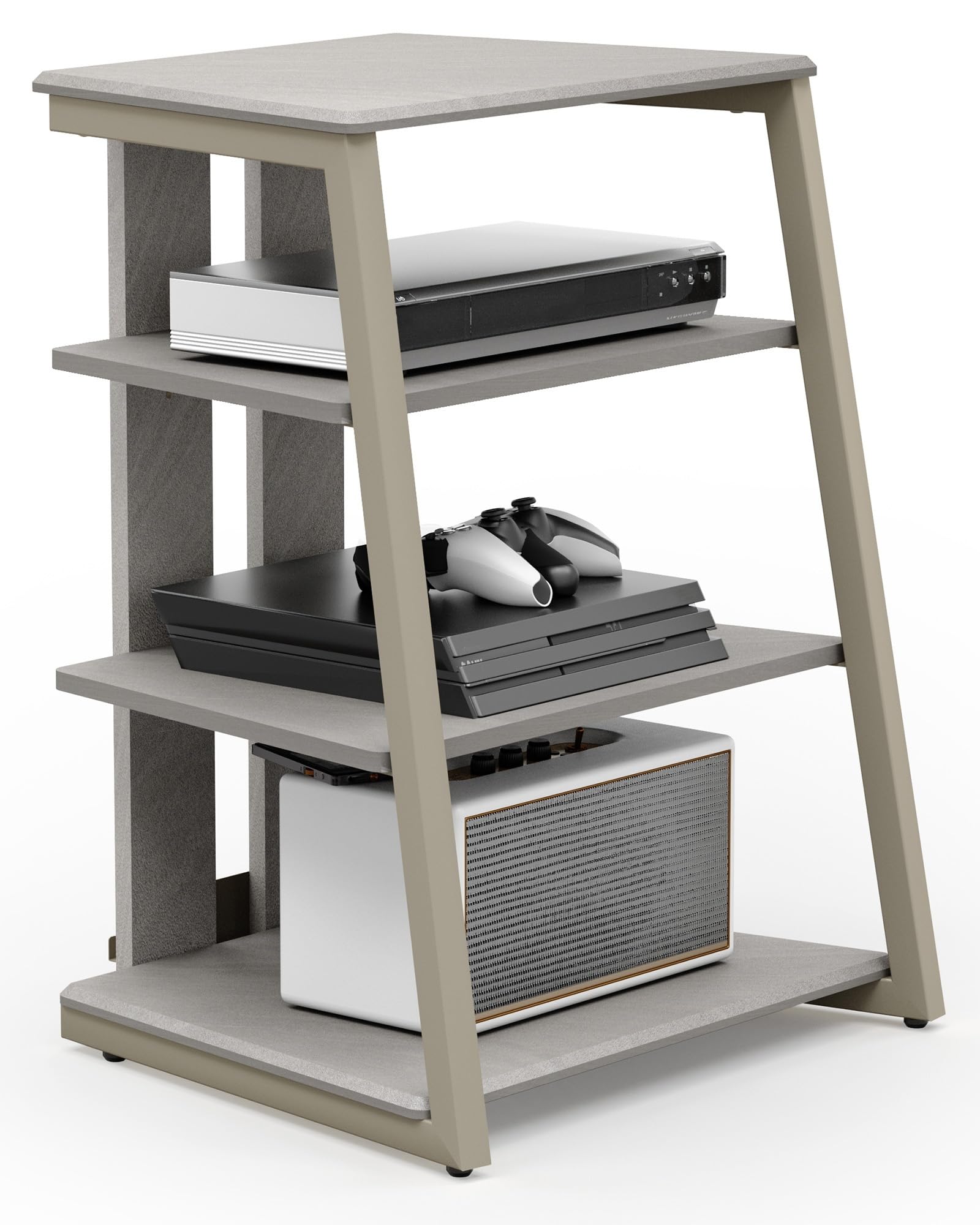 FITUEYES Design 4-Tier AV Media Stand Corner Shelf Stand Wooden Corner Shelves Component Cabinet Stereo Rack Audio Tower with Height Adjustable Wooden Shelves for Xbox One/ps4 (Khaki)