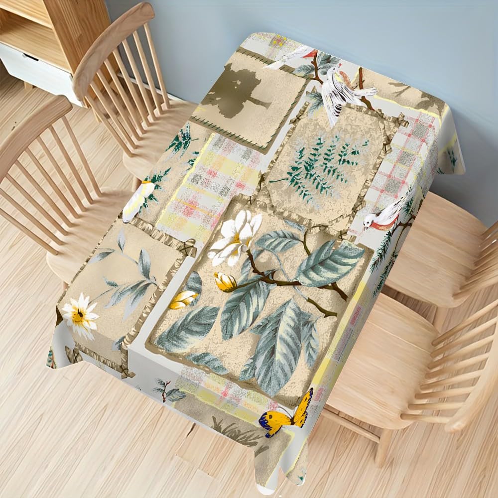 Patchwork À Carreaux Nappe Rectangulaire 160x200 cm Oiseau De Forêt, Nappe de Table Motif Papillon Vintage en Polyester, Nappe en Tissu Imperméable et Anti-Tache - S-84