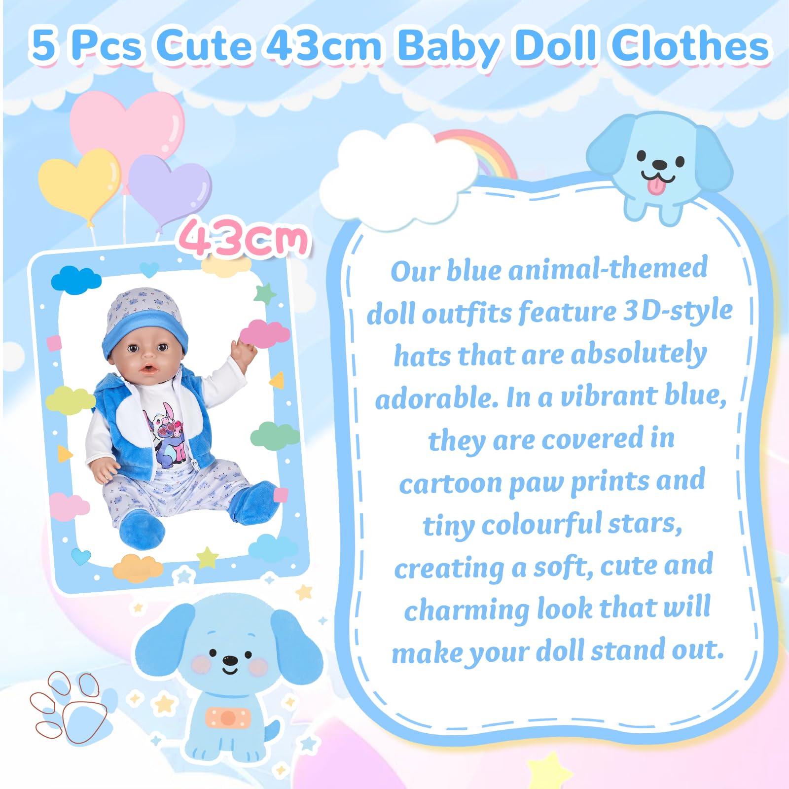7 Stück Puppenkleidung, Blaue Kleidung Outfit für 35-43 cm Baby Puppen mit Jacke, Oberteil, Hose, Mütze, Socken, 2 Kleiderbügel für 14-18 Zoll Puppen, Baby Zubehör Geschenke für Mädchen Jungen - 5