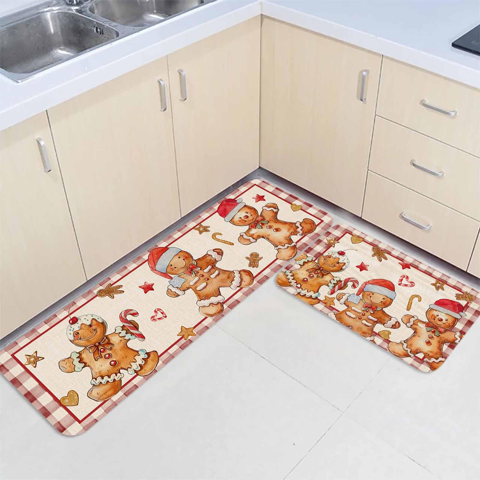 2-Piece Christmas Gingerbread Mat Set - Kitchen Rugs, Winter House Decor, Farmhouse Style