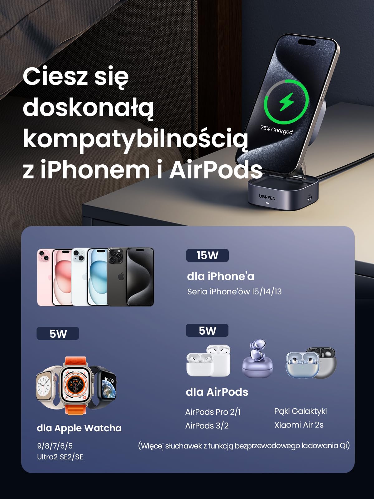 UGREEN MagFlow Qi2 15 W 2-w-1 składana stacja ładująca do iPhone'a z MagSafe | Kompatybilny z MagSafe 17 16 15 14 13 12 Air Plus Pro Max AirPods 4 3 Pro 3 2 1, składana, magnetyczna stacja ładująca