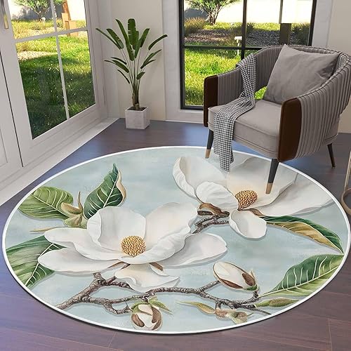 Alfombra redonda retro con flores blancas de 6 pies, lavable para interiores y exteriores, para dormitorio, cocina, baño, sala de estar, área de