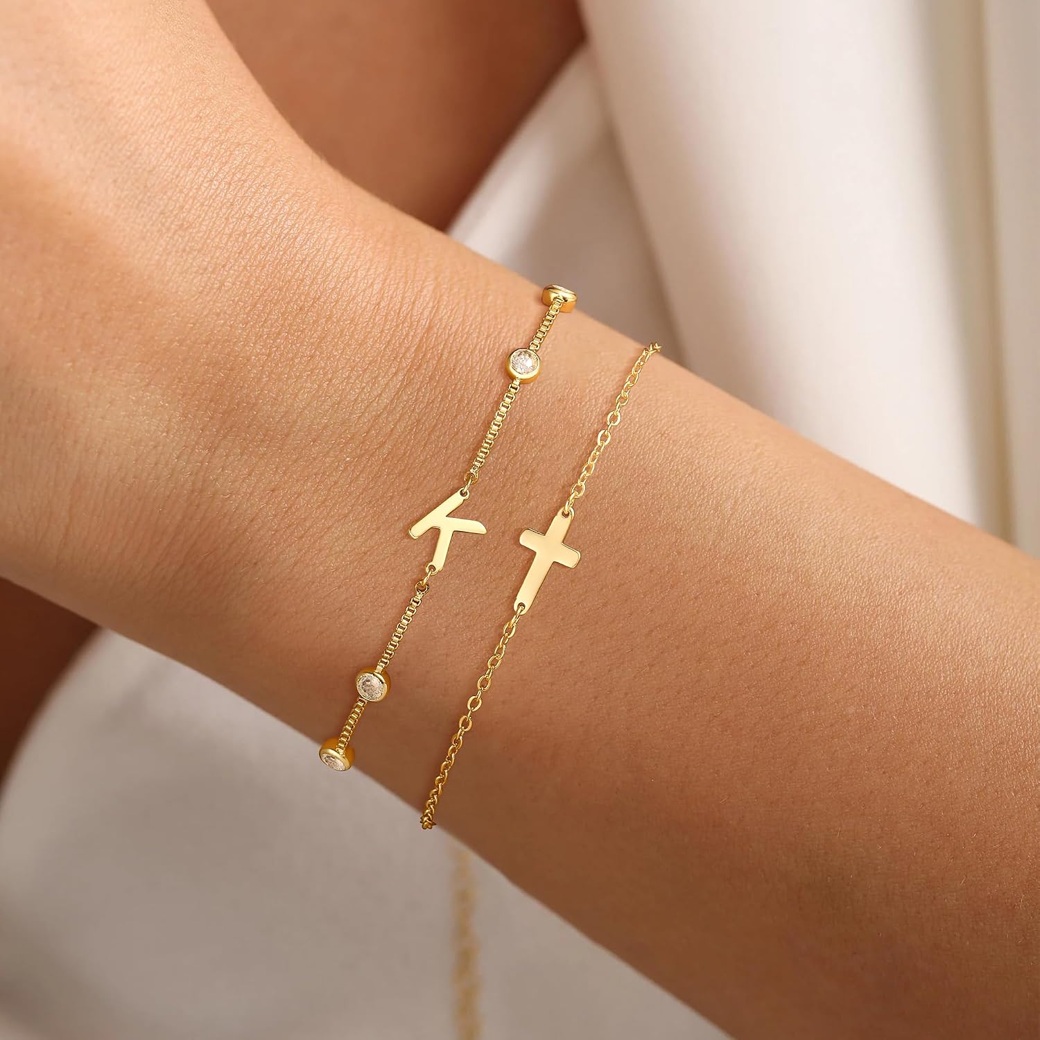 Initial Cross Bracelet for Women - Dainty Gold Bracelets for Women Initial Bracelet Cute Cubic Zirconia Box Chain Letter Cross Bracelets for Teen Girl Gifts Baptism Christian Gifts for Women