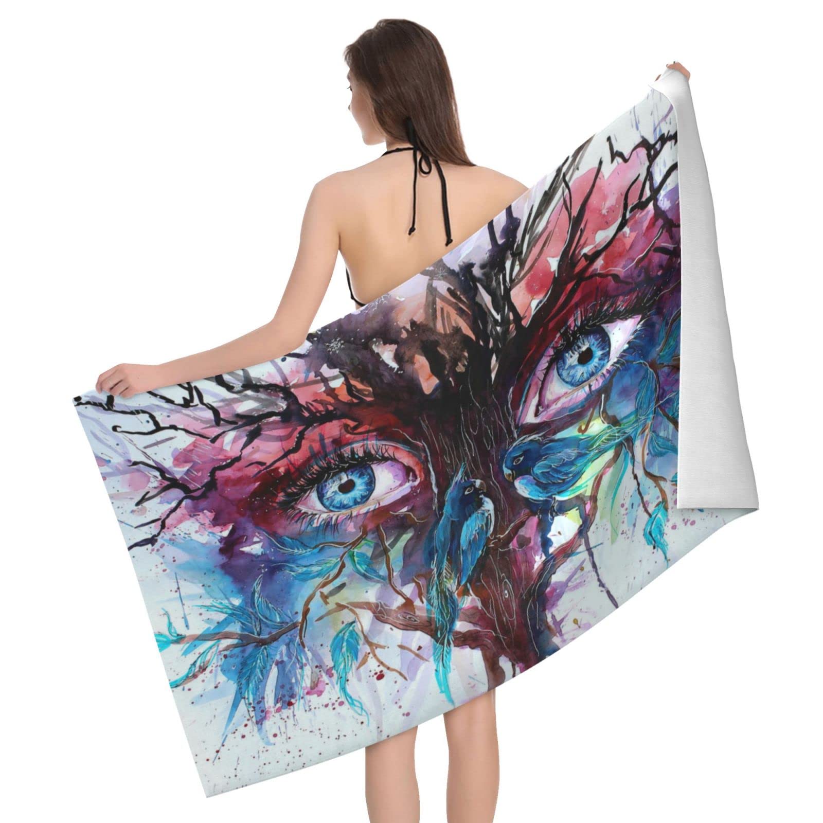 Lawenp Watercolor Eyes Trees Beach Towel, Lightweight Sand Free Quick Dry Microfiber Absorbent Bath Towel for Kids, Adults, Swimming, Bath, Yoga, Pool, Travel, Camping 32"X52"
