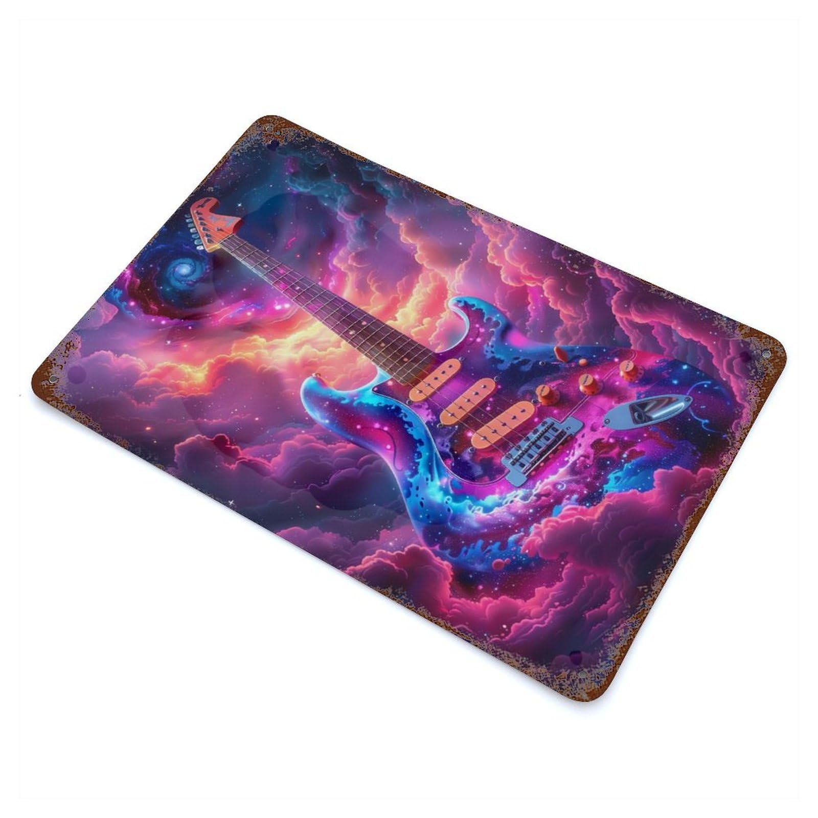 Rust Effect Cosmic Guitar Weathered Tin Sign 11.8"x7.9", Novelty Wall Decor for Office, Studio And Wall Decor