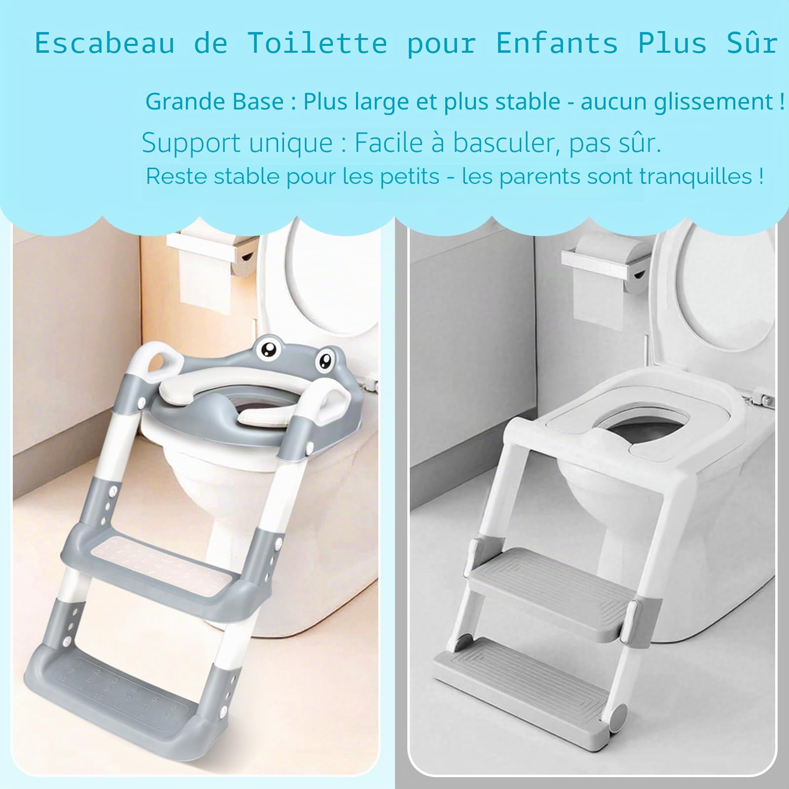 Reducteur Toilette Enfant, Réducteur WC avec Marches, Rehausseur Toilette Enfant avec Coussin PU, Hauteur Réglable et Pliable, Antidérapant, Adaptateur Toilette pour Garçons et Filles (Blanc, Gris)