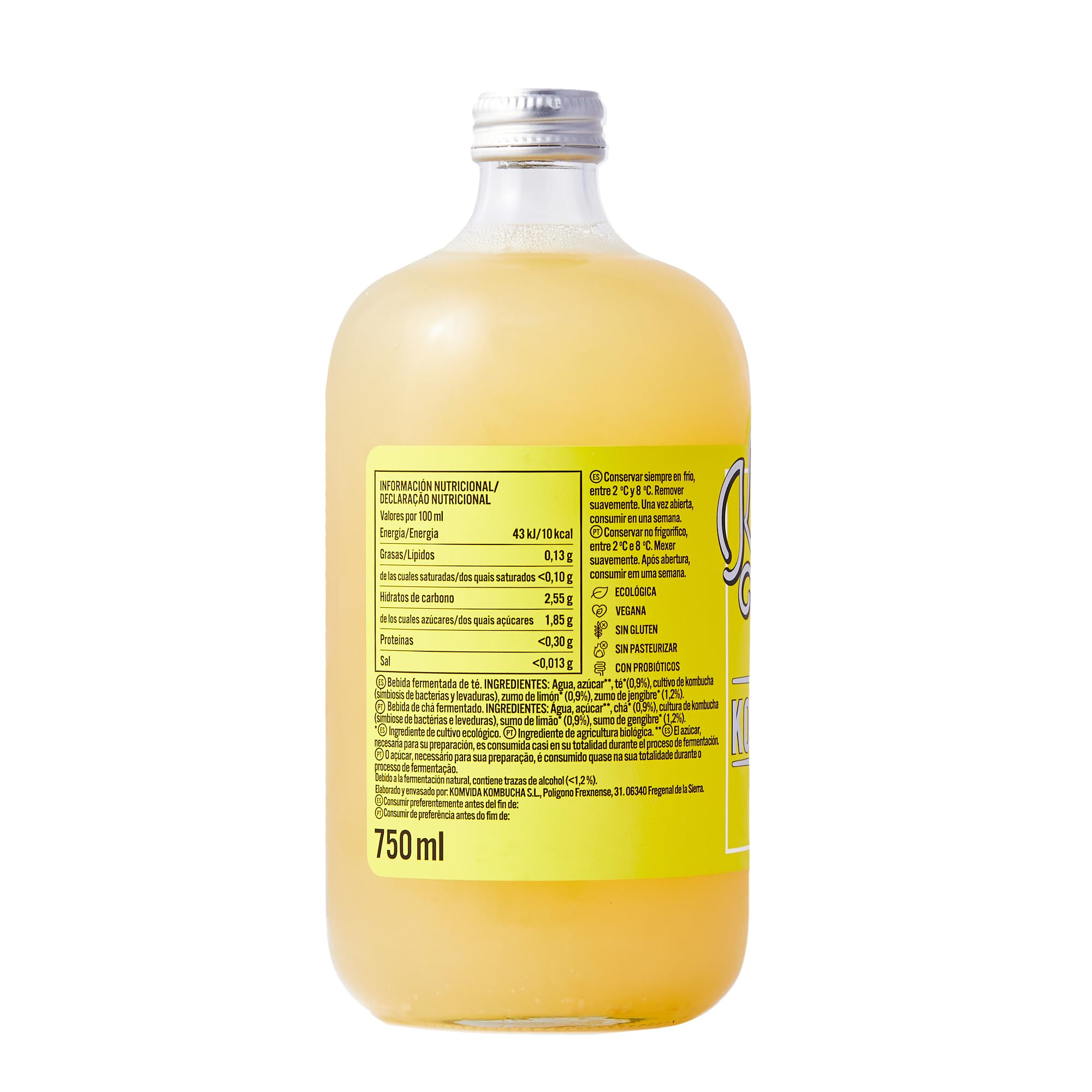 Komvida Kombucha Pack 6x750ml - Bebida Ecológica de Té fermentado, Probióticos Naturales, Sin Azúcares Añadidos - Sabor Limón con jengibre