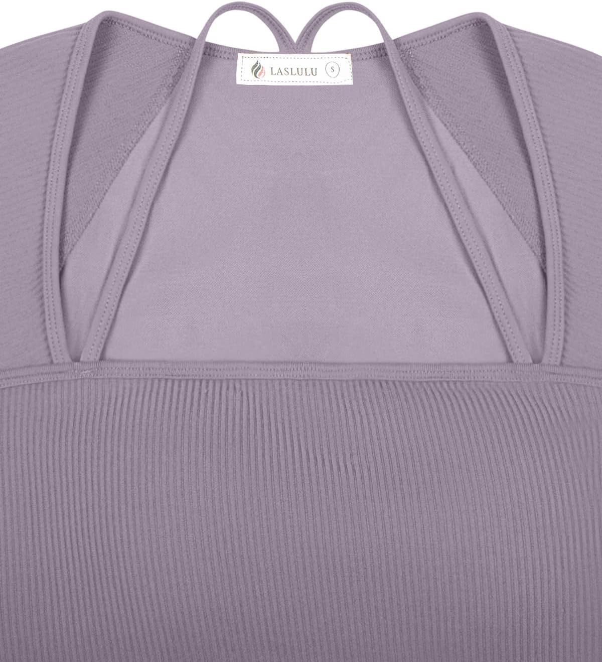 LASLULU Womens Sexy Square Neck Crop Top Ribbed Seamless Long Sleeve Workout Tops Halter Neck Athletic Yoga - Image 6