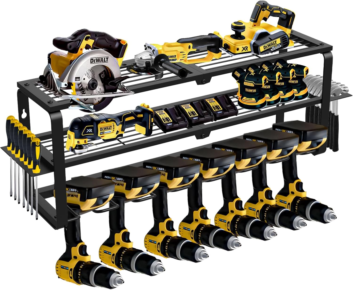 3 Layer Power Tool Organizer Wall Mount, Cordless Drill Hanger, Tool Rack, Battery Tools Holder, Drill Holder use for Garage, Workshop, Shed- 7 Slots