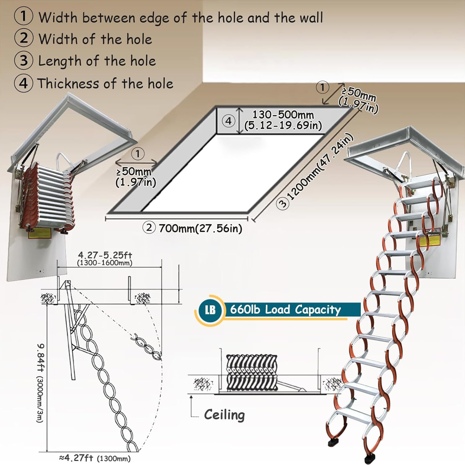 INTSUPERMAI Attic Ceiling Pull Down Ladder Retractable Attic Access Ladder Folding Extension Loft Stairs 27.6 x 47.2 in Max 10ft Height Scissor Structure Carbon Steel Material Orange Color