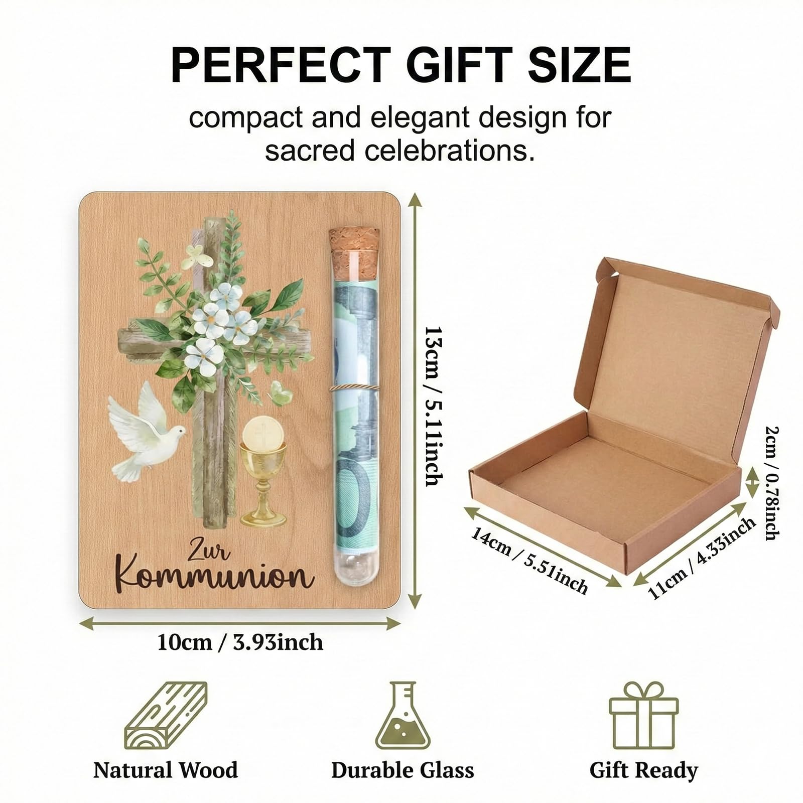 Carte en Bois Cadeau d’Argent pour Communion avec Motif Croix et Colombe, Incl. Tube à Essai en Verre et Boîte Cadeau, pour Fille et Garçon–Confirmation, Décoration et Cadeau pour Filleuls