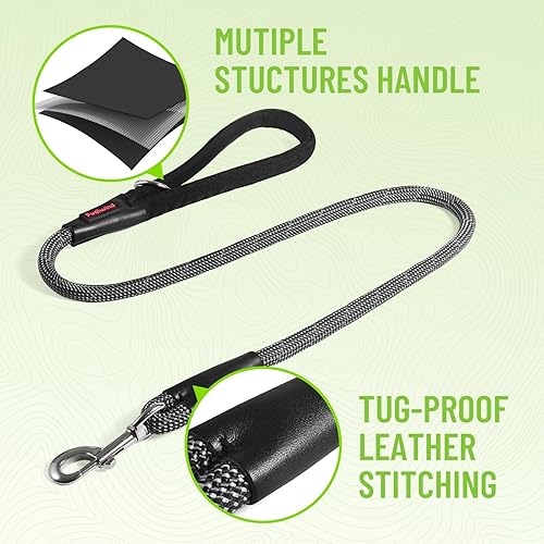 Miniatura 6 de Correa negra resistente para perros de 440.9 lbs, control de tracción, correa de nailon reflectante para razas grandes con mango acolchado