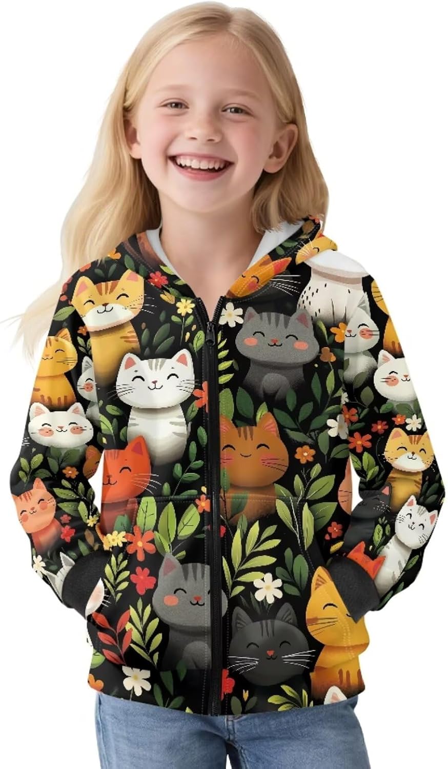 Girls Fleece Zip-Up Hoodie Kids Unisex Cute Animal Printed Jacket Long Sleeve Sweatshirts with Pockets