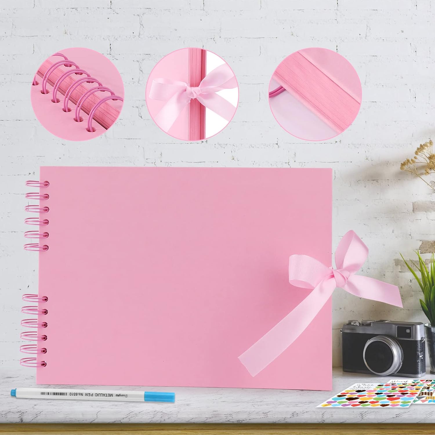 Gotideal 80 Pages Scrapbook Album with 10 Metallic Markers, Pink