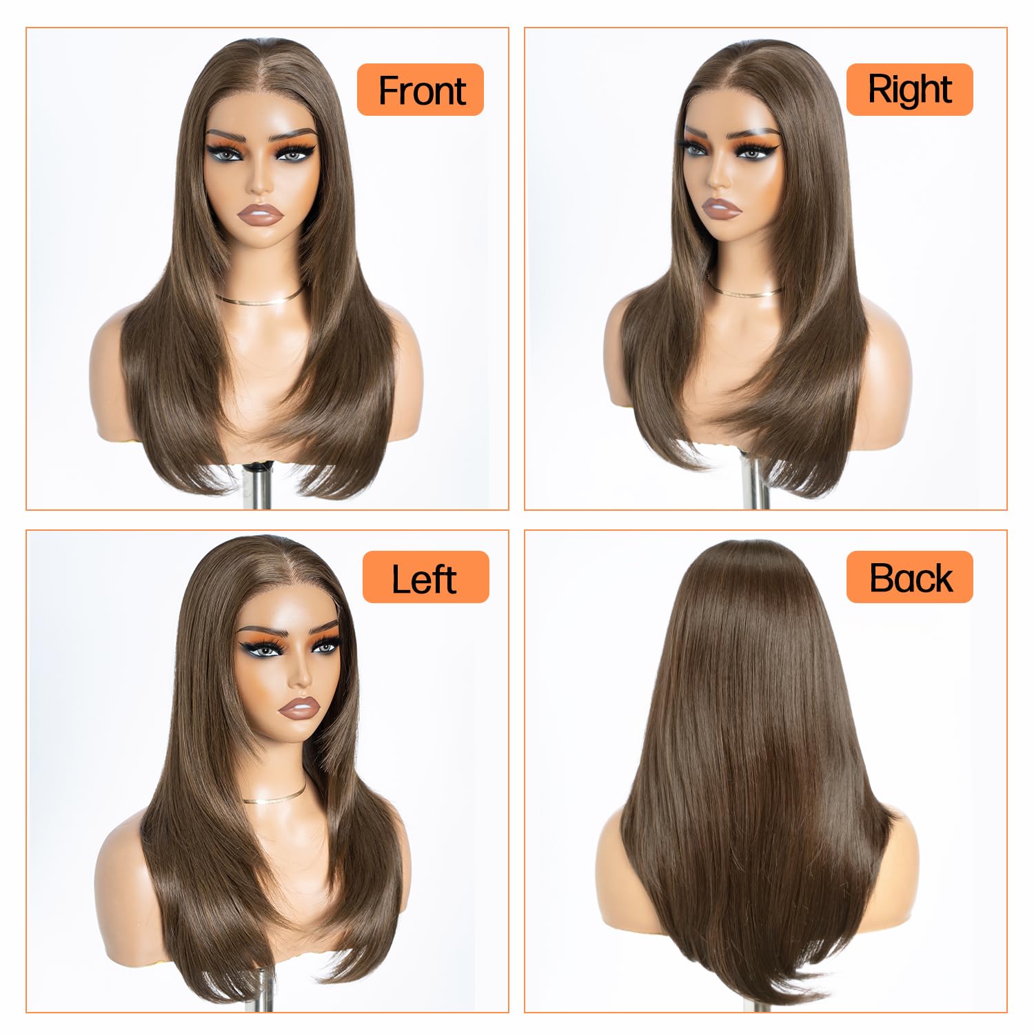 Style Icon Wear and Go Peruki bez kleju, wstępnie oskubane, dla początkujących, długie, warstwowe, proste, syntetyczne koronkowe peruki z grzywką, 50 cm, jasnobrązowe, 3 sekundy do noszenia