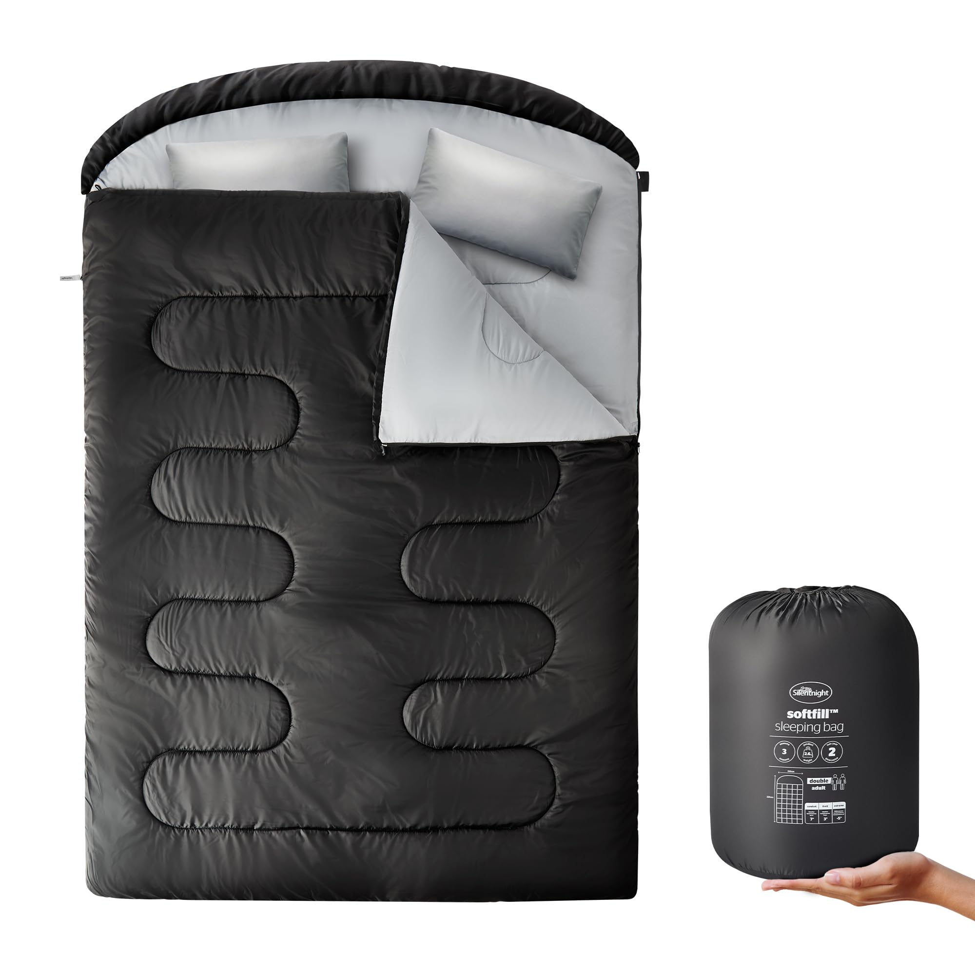 Silentnight SoftFill Adult Double Sleeping Bag - 3 Season Lightweight Soft Cosy Warm Mummy Sleeping Bag for Spring Summer Camping Hiking Outdoor Travel for Warm and Cold Weather - 190x30x150cm, Black