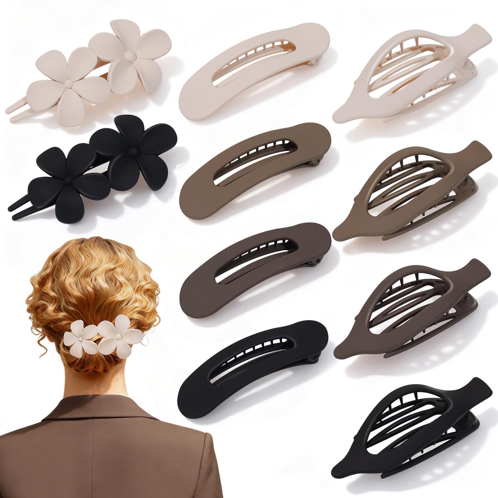 View 1 of 10 Pcs Flat Hair Clips for Women, 3 Styles Matte No Bump Claw Clips for Driving & Lying Down, French Rectangle Hair Barrettes & Flower Pins, Strong Hold Non-Slip Hair Accessories for Thick Thin Hair