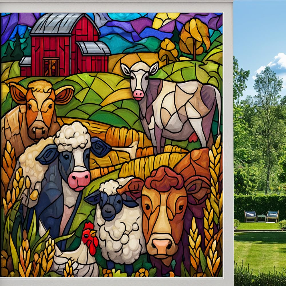 Colorful Farm Animals Frosted Window Film, Sheep Cows Rustic Barn Stained Glass Privacy Film, Heat Insulation Self-Adhesive Vinyl for Bathroom Office, （55x120cm）