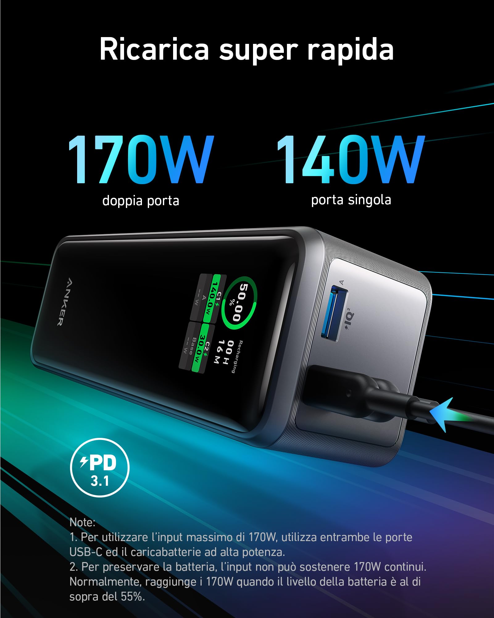 Anker Prime Power Bank 27650 mAh 3 porte 250 W, Caricabatterie Portatile, App Smart, Compatibile con MacBook Pro/Air, iPhone 17 Pro Max, Samsung, Dell, AirPods e altri (Base di Ricarica non Inclusa) | Approvato TSA, controllo app, per MacBook Pro/Air, iPh