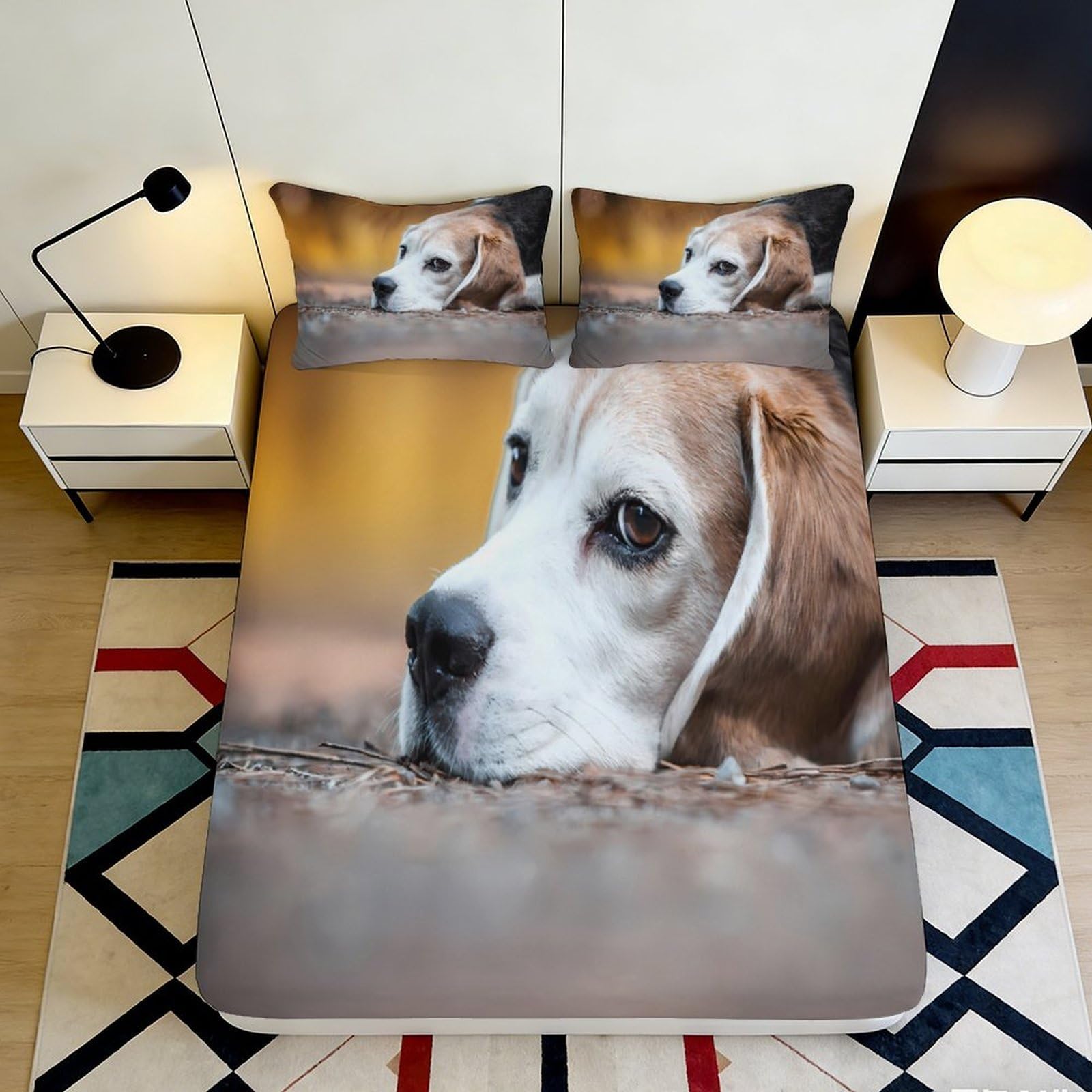 3D Printed Beagle Dog Fitted Sheet Microfiber Soft Breathable Animal Portrait Bed Cover for Bedroom Dorm Mattress Protection Decor 160x200x25cm