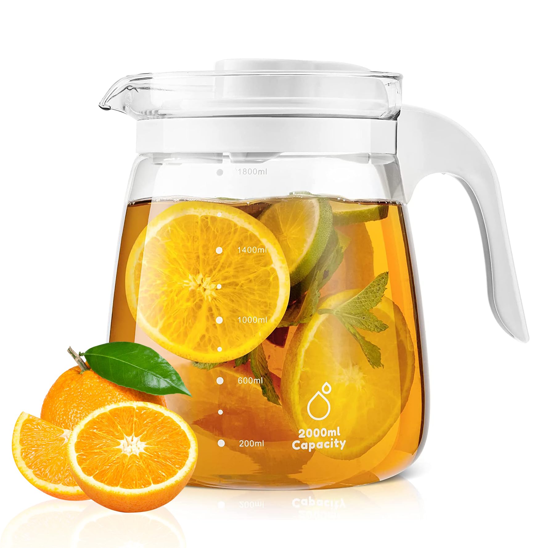 Glass Water Pitcher - 60oz Chic Carafe with Lid and Handle - Iced Tea Pitcher with Precise Scale Line, Modern Juice Jug for Cold Brew Coffee, Milk, Sun Tea, Lemonade