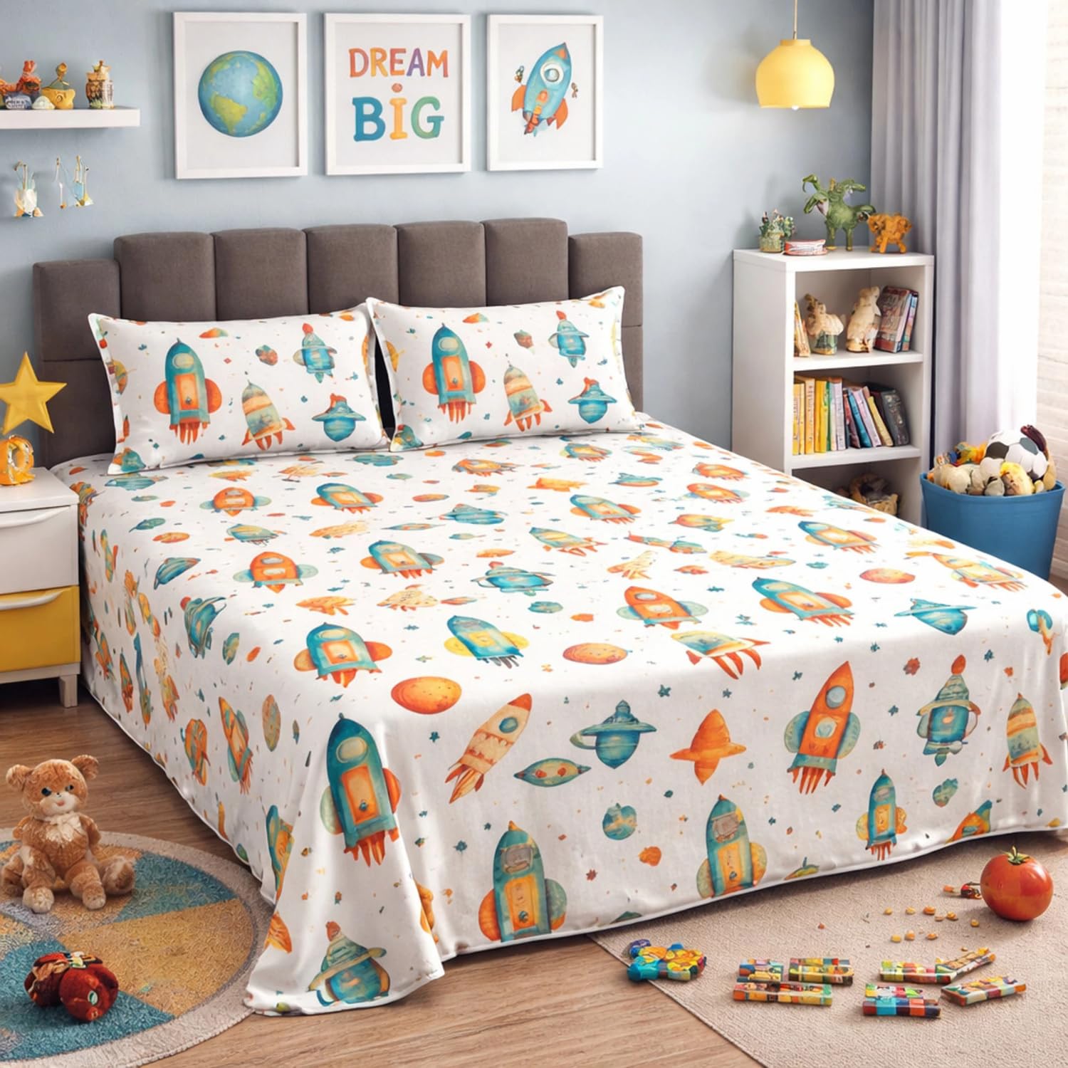 100% Cotton Kids Flat Bedsheet Set with Pillow Covers, Space and Animal Theme Theme, Kids Favourite Print, White, Double Bed|90 x 90 Inches –Kid 3-image-13