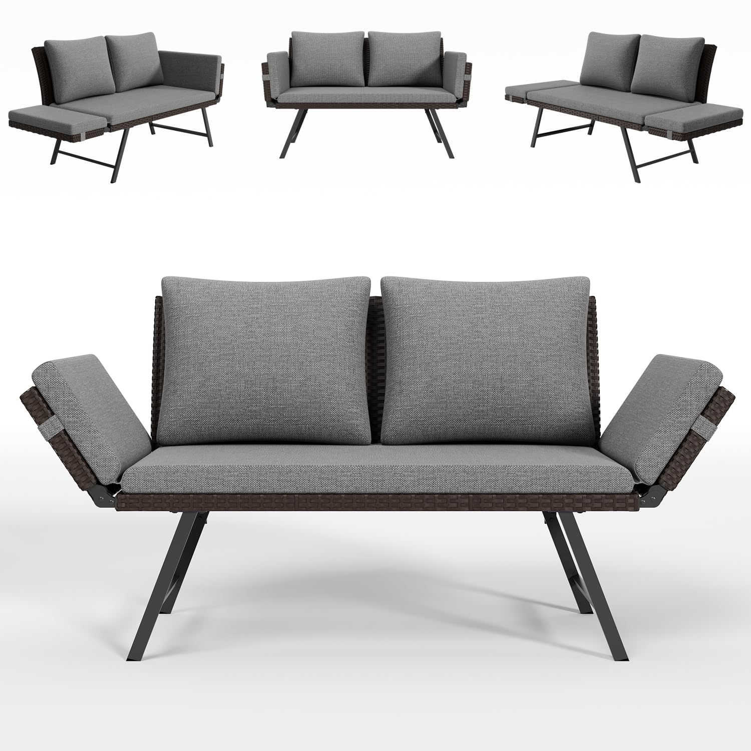 Gartenbank Rattan Wetterfest mit Liegefunktion 2-3 Sitzer, Gartensofa & Balkonsofa mit Kissen & Polster, Verstellbare Armlehnen, Bis 220kg, Outdoor Sofa Bank für Klein Balkon, Terrasse, Garten -Grau