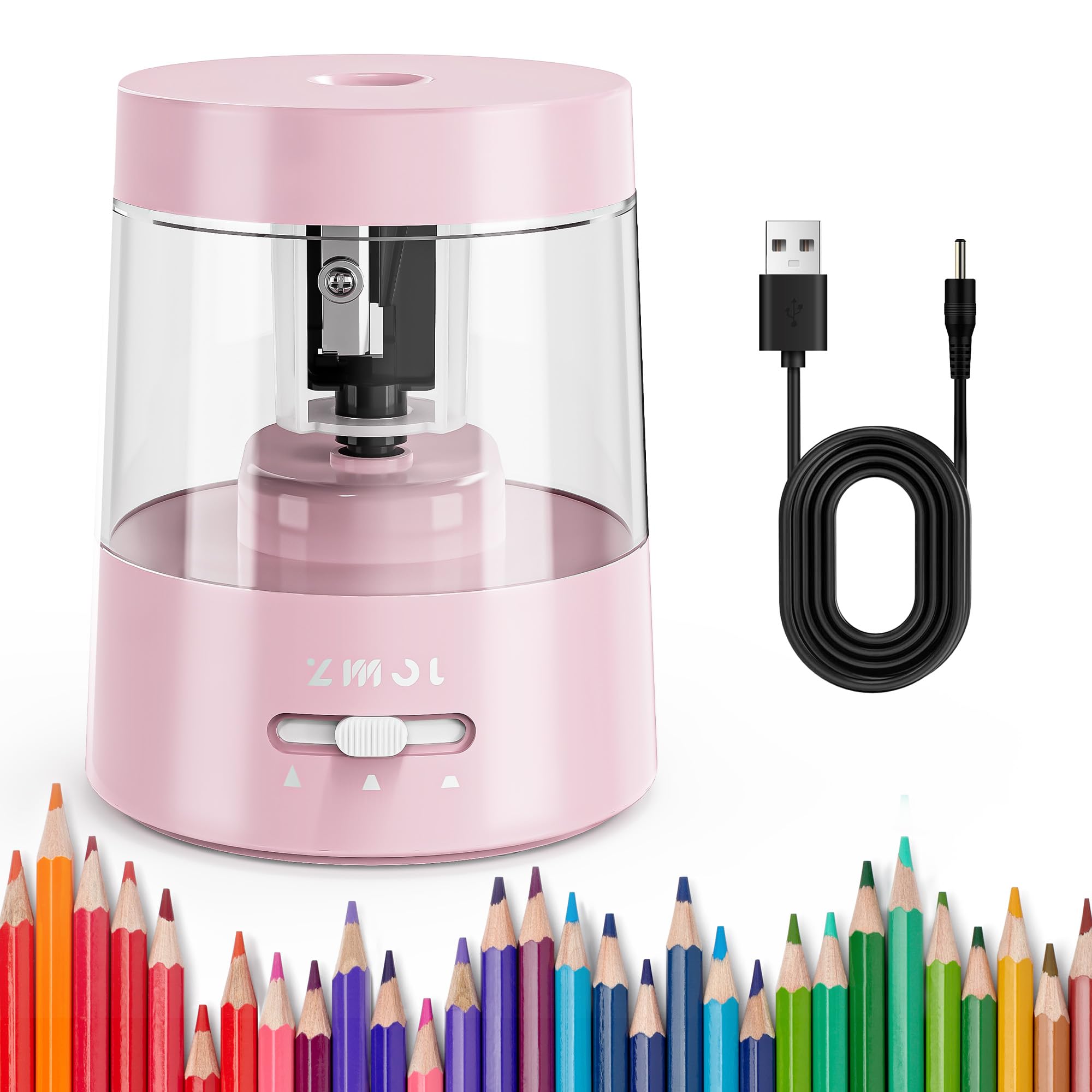 ZMOL Elektrischer Anspitzer, USB & Batteriebetriebener Bleistiftspitzer | für Buntstifte (6-8mm), langlebige Klinge zum schnellen Anspitzen, für Klassenzimmer, Büro und Zuhause – rosa