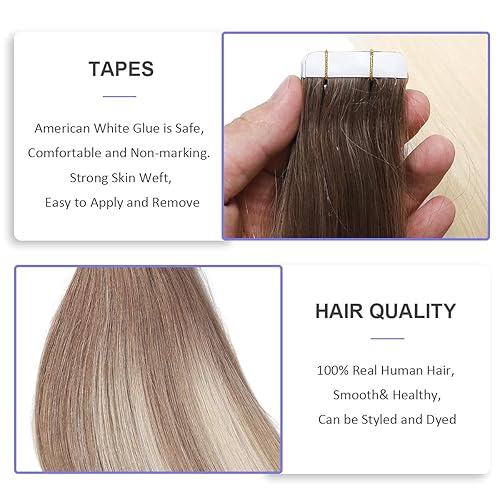 Miniatura 5 de Extensiones de cabello humano con cinta, extensiones de cabello humano real, color marrón claro, rubio platino, extensiones de cabello humano real,
