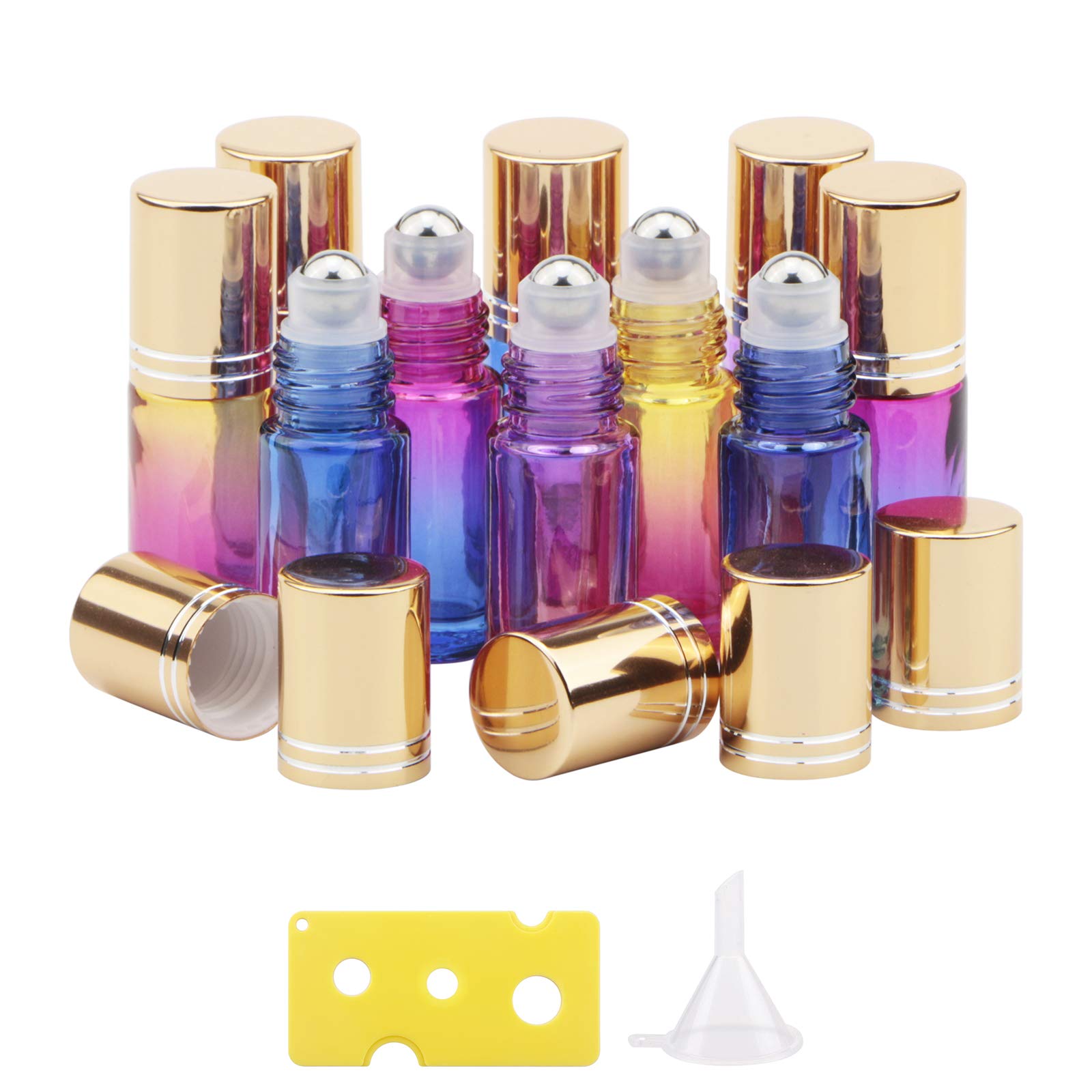 Kesell10Pack Glass Roller Bottles 5ml Gradient Color Essential Oils Roller Bottles Refillable Roll On Perfume Sample Vials Bottles with Golden Caps